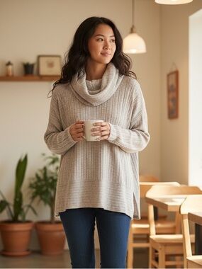 Anthropologie Beige Ribbed Cowl-Neck Sweater Tunic